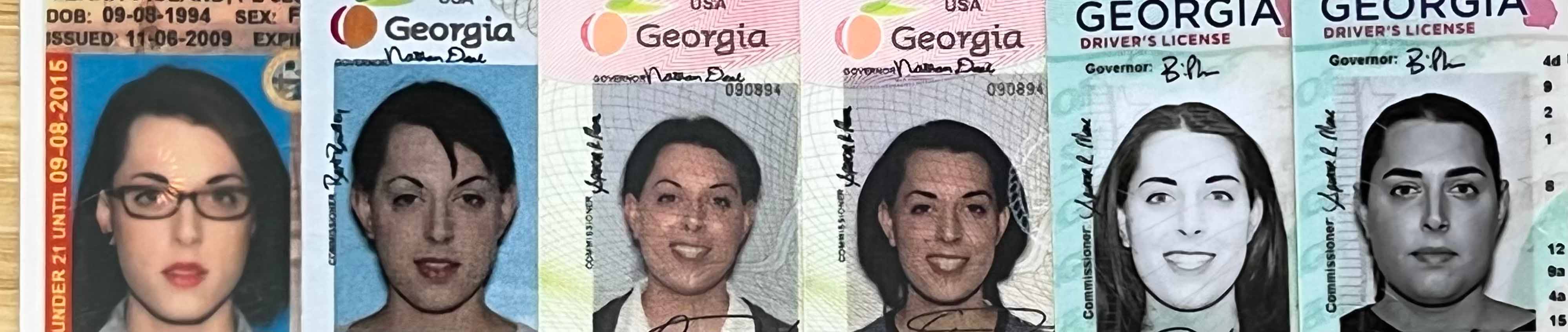 A horizontal photo showing six driver's license ID portraits, ranging from oldest to newest. All except the first are from Georgia. The first is from Florida.